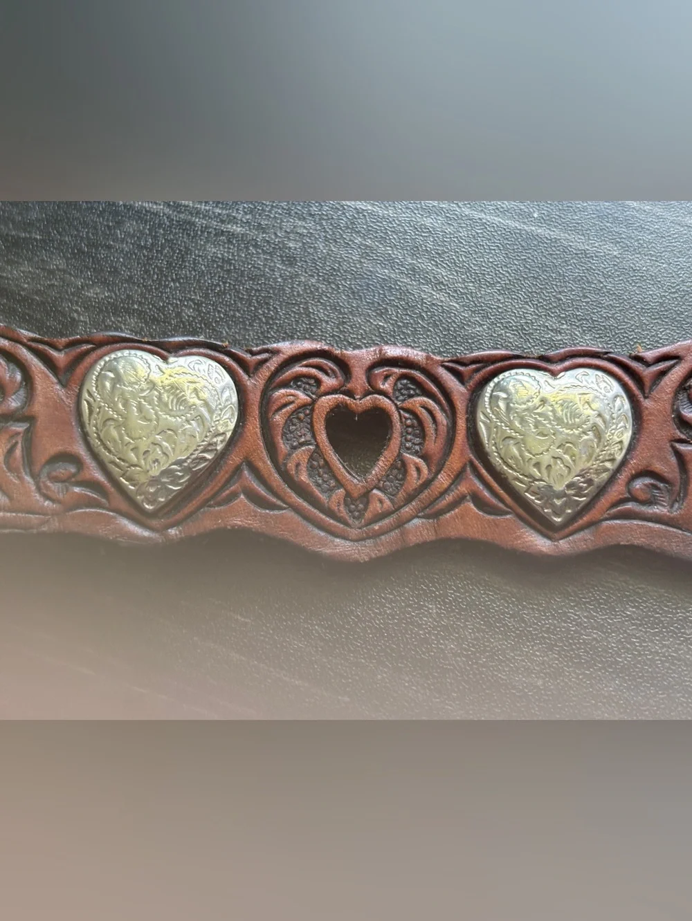 Hand-Tooled Brown Leather Women's Belt with Patina Buckle. SKU 26